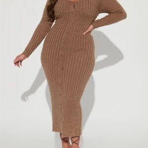 Brown Ribbed Knit Dress